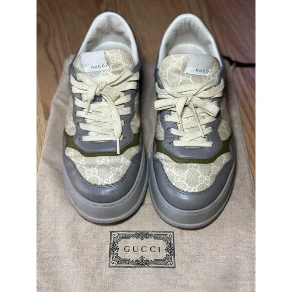 Gucci GG Chunky Monogram Sneakers Men Olive/Grey-Beige Size UK 8 - Picture 2 of 12